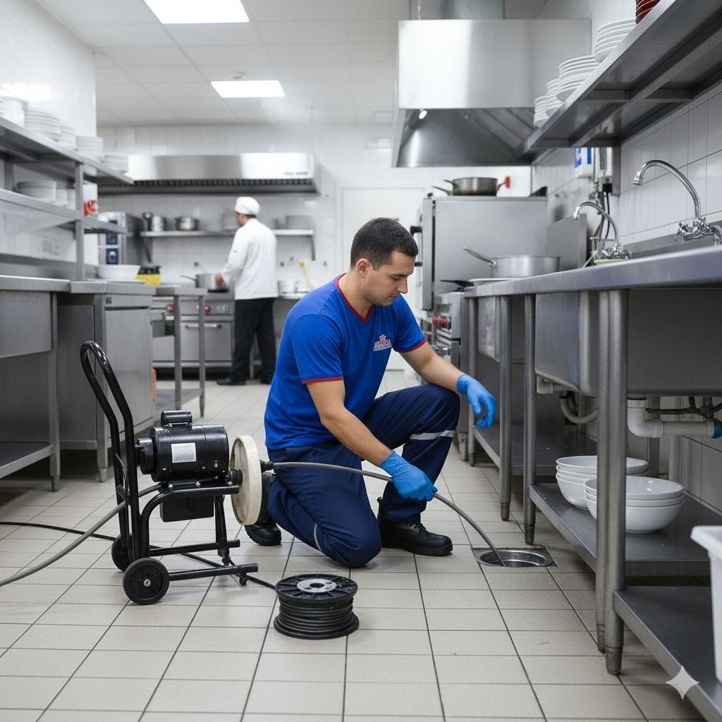 Técnico da Suprema Desentupidora desentupindo ralo de cozinha industrial em Hortolândia com máquina rotativa